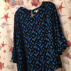 Black blouse with blue dots, pearl accents